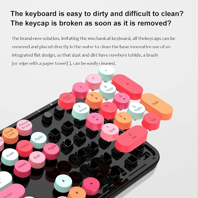 GTSP Colorful Wireless Keyboard and Mouse Combo, Cute Keyboard Retro Typewriter with Round Keycaps for Computer Laptop Desktops PC Mac 2.4GHz Dropout-Free Connection (Multicolor Black)