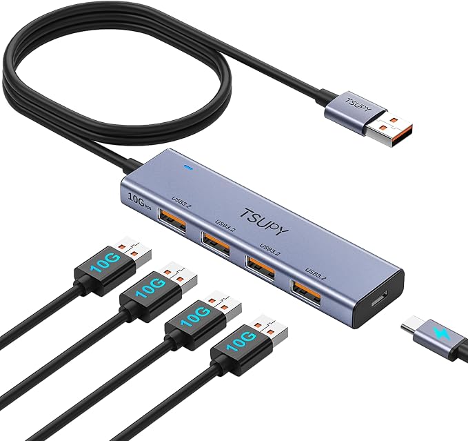 USB Hub 3.2, TSUPY USB Splitter 10Gbps 4 USB 3.2 Ports with 4ft Extension Cable,Ultra-Slim Aluminium USB 3.2 Gen 2 HUB Fast Data Transfer USB Port Extender for MacBook,Chromebook,Mobile HDD,Laptops
