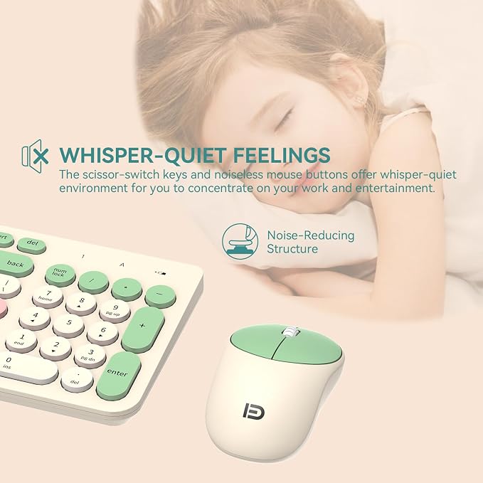 Wireless Keyboards Mouse Combos, Colorful Quiet Keyboard Cute Typewriter Full-Size Retro Round Keycaps, 2.4GHz Sleep Mode Office Wireless Keyboard and Mouse Set for Desktop Laptop PC Computer