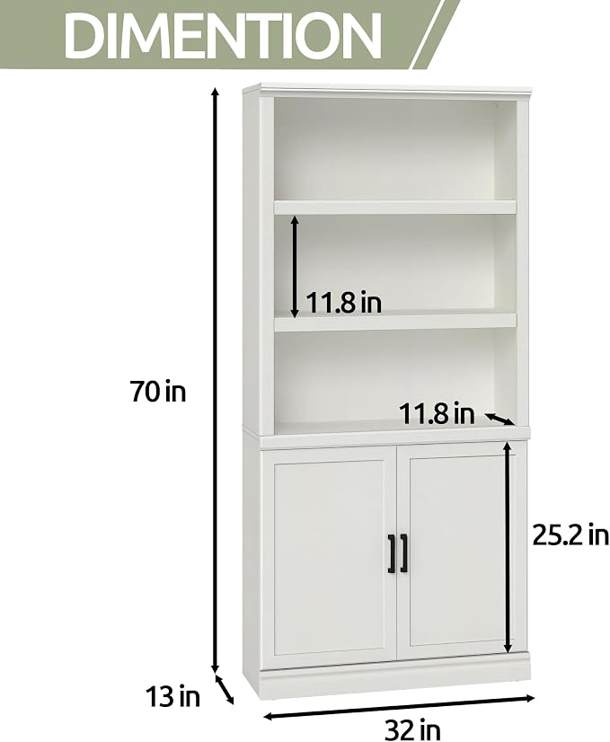 blini 5 Shelf Tall Bookcase with Doors White Bookshelf 31in Wide Display Standing Storage Shelf 72in Tall Wood Book Shelves for Bedroom Living Room Office Library
