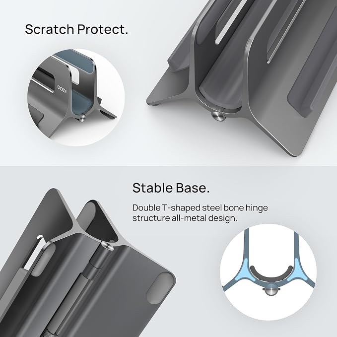 SODI Vertical Laptop Stand for Desk, Gravity Auto Lock MacBook Stand, Aluminum Laptop Holder Vertical Compatible with MacBook Pro, Air, Tablet, Space-Saving Organize Work & Home Office, Gray