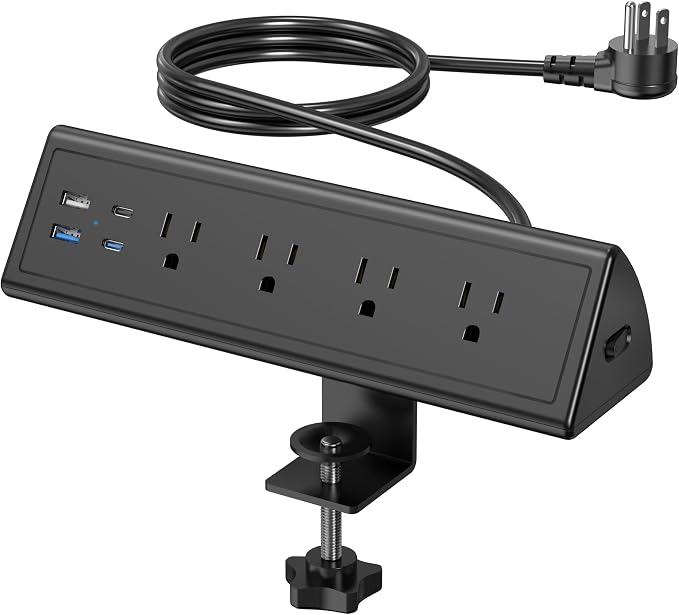Jgstkcity Desk Clamp Power Strip,20W Fast Charging Station,Surge Protector Nightstand Edge Mount,1875W Extension Cord with Multiple Outlets,2 USB-C,2 USB-A,for Home Office (Black, 10 FT)