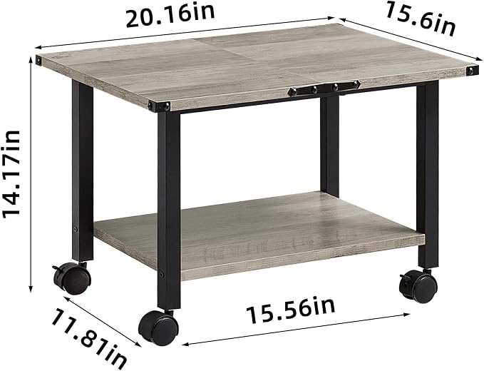 Lerliuo Under Desk Printer Stand, 2-Tier Industrial Mobile Printer Table with Storage Shelf and Steel Frame, Rolling Printer Cart Holder with Lockable Wheels for Home, Office (Grey)