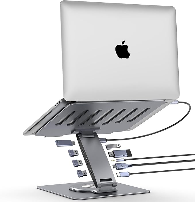 Adjustable Laptop Stand for Desk with Docking Station 9-in-1, Aluminum Laptop Riser with USB Hub, 360° Swivel, Dual Display 4K60Hz HDMI, 3 USB3.0, 100W PD Charging, for MacBook Pro Air/Dell/HP 7-15.6"