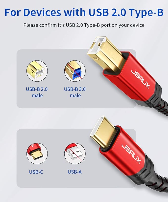 JSAUX USB B to USB C Cable 10ft, USB C Printer Cable Compatible with MacBook Pro, HP, Epson, Canon, Brother, Lexmark, Xerox Printers and Scanner-Red