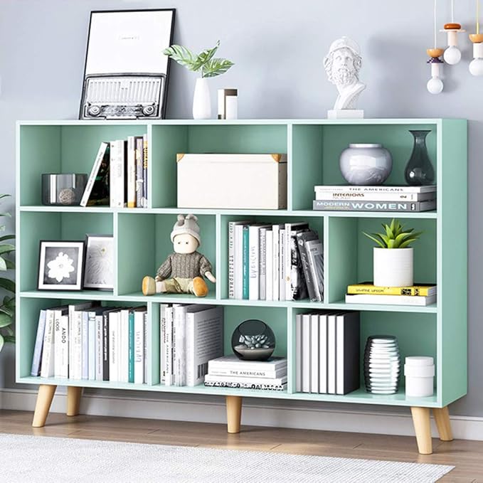 IOTXY Wooden Open Shelf Bookcase - 3-Tier Floor Standing Display Cabinet Rack with Legs, 10 Cubes Kids Bookshelf, Tiffany-Green