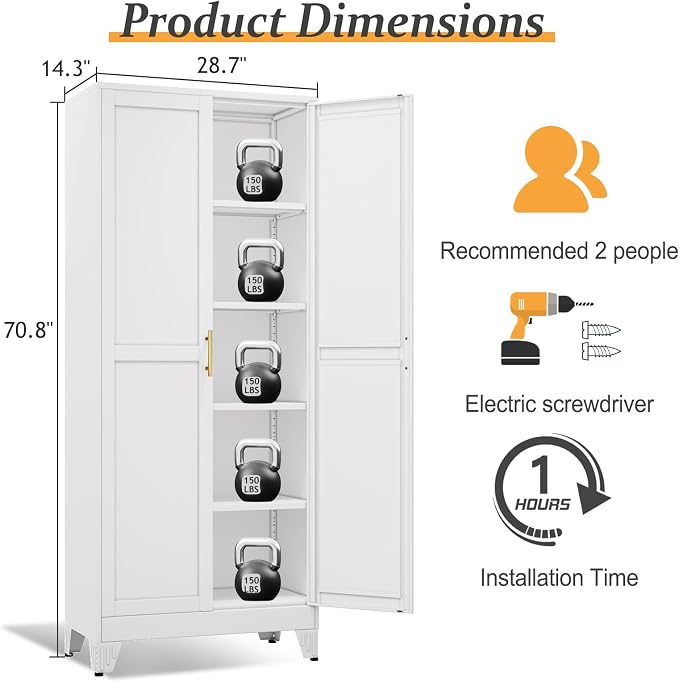 White Pantry Storage Cabinet,71" Kitchen Pantry with Doors and 4 Adjustable Shelves, Metal Storage Cabinet, for Office, Home, Garage, School
