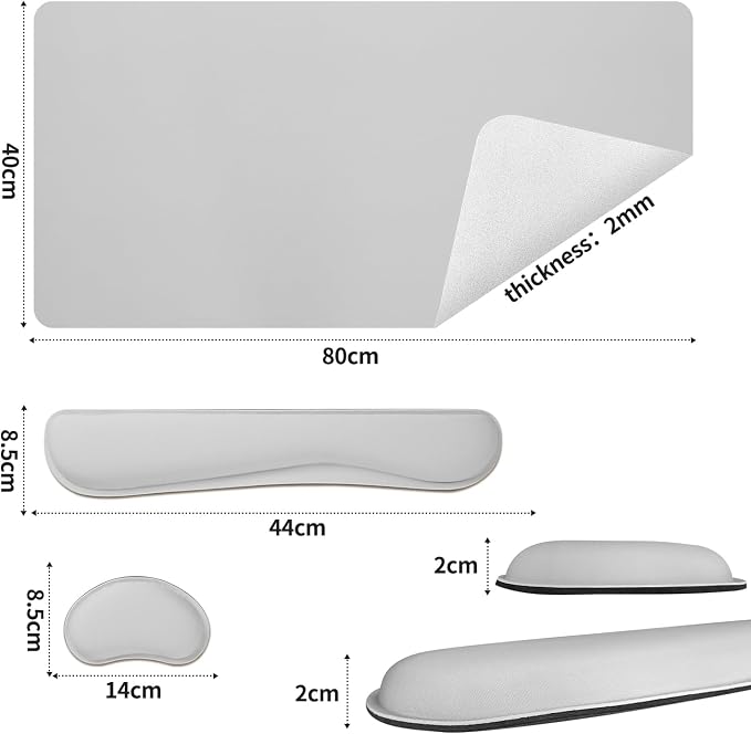 Bloss Leather Desk Pad and Keyboard Wrist Rest, Large Mouse Pad + Keyboard Pad+Mouse Wrist Support, Non-Slip Desk Mat Protector for Office, Home(35.4×15.7 Inches, Light Grey)
