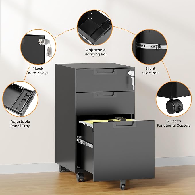 3 Drawer File Cabinet with Lock, Fully Assembled Metal Mobile Filing Cabinets for Home Office, Small Rolling File Caninet on Wheels for Legal/Letter / A4 File, Black