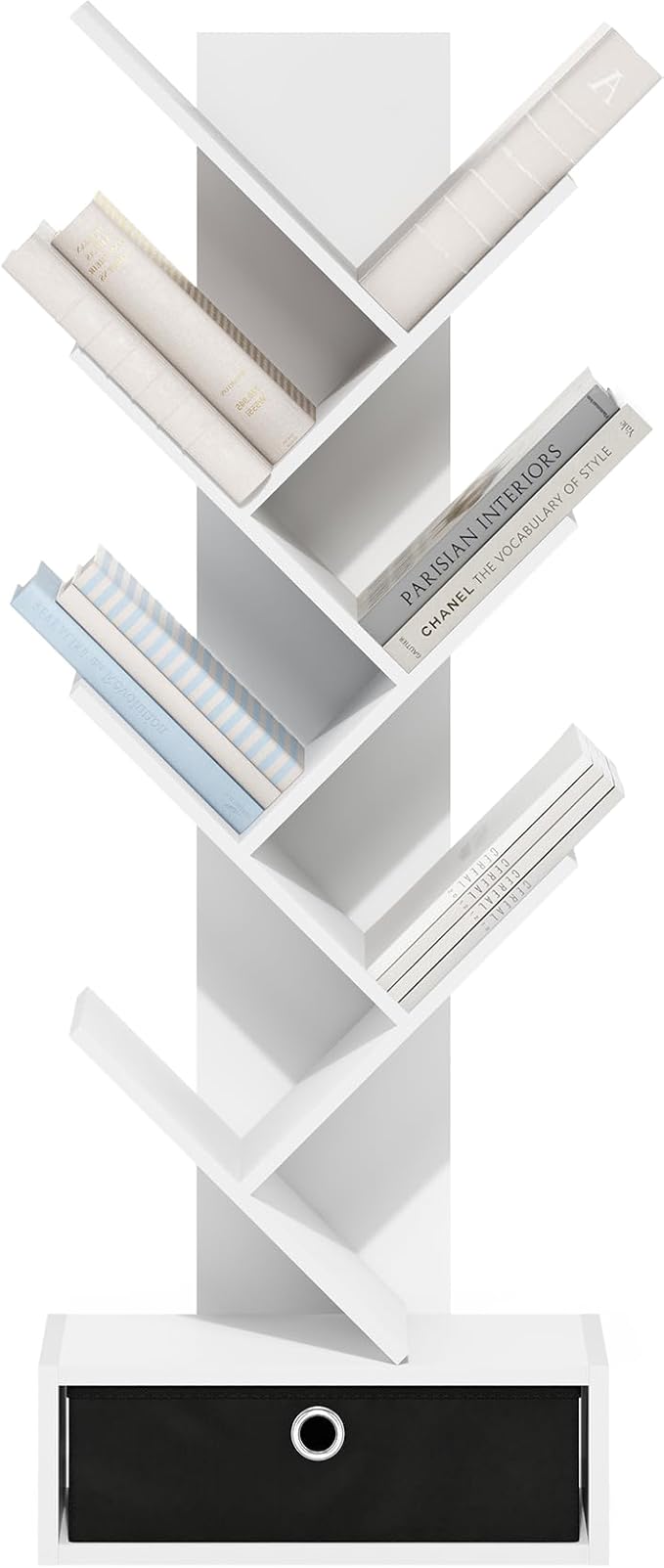 Furinno Tree Book Shelf, 7-Tier Bookshelf, Tree Bookcase with Bin Drawer, 8.4 x 16.9 x 46.2, for Living Room, Bedroom, Home Office, White/Black
