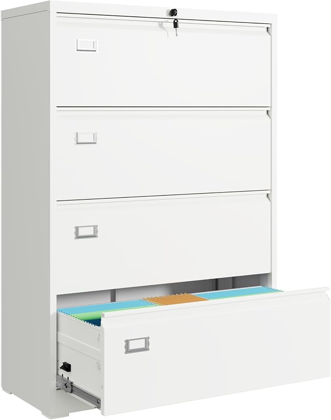 DEVAISE 4 Drawer Lateral File Cabinet with Lock, Metal Filing Cabinets for Home Office, 16" D x 35" W x 52" H Wide Storage Organization for Hanging Files Letter/A4/Legal/F4 Size, White