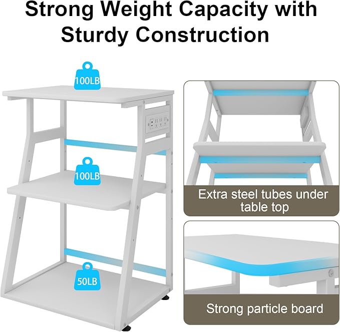 Natwind 23.6"x19.7" Large Printer Stand,3 Tier Printer Table with Charging Station, Rolling Cart with Adjustable Storage Shelf for Home Office Organization, Stand for Heat Press,3D Printer (White)