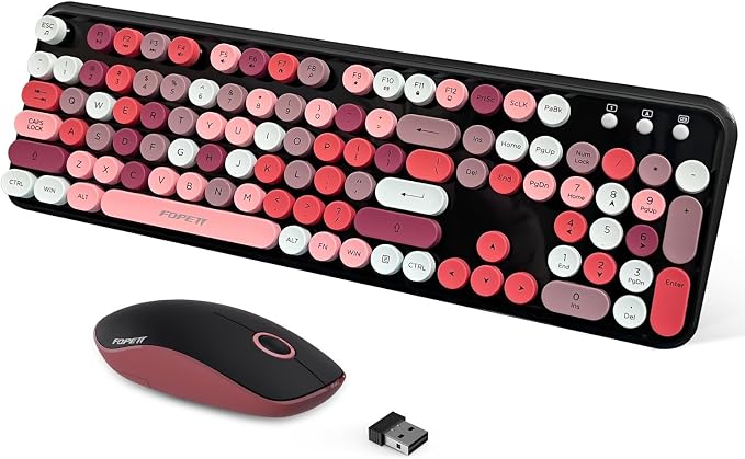 FOPETT 2.4GHz Wireless Keyboard and Mouse Set with Switch Button - Full-Size Keyboard - Compatible for Windows/Laptop/PC/Notebook/Smart TV and More - Black Colorful