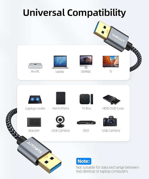 SUNGUY USB 3.0 Cable, 3.3FT USB Type A Male to Type A Male, Transfer Rate Up to 5Gbps Cable Compatible with Printers, Modems, Hard Drives, Cameras, HDD, DVD, Laptops, etc.