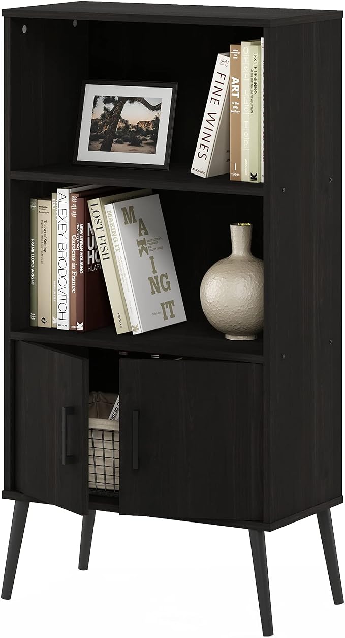 Furinno Claude Mid Century Style Accent Wooden Leg Bookcase Cabinet with Storage Organizer Shelves, Espresso