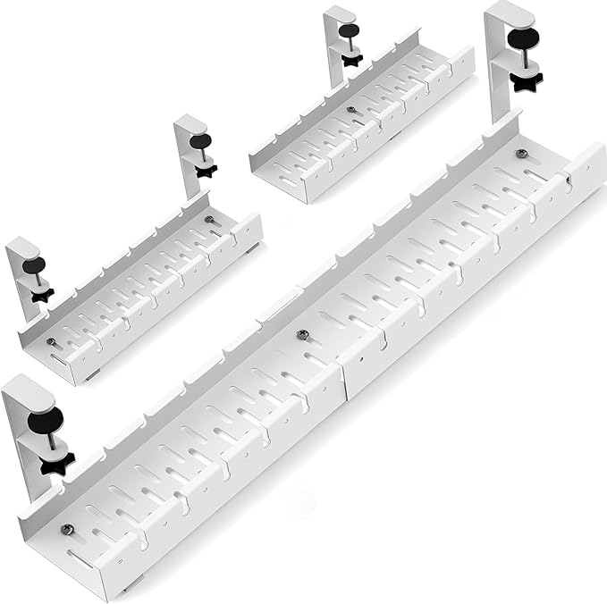 No Drilling Extendable Under Desk Cable Management, Metal Cable Management Tray Under Desk with Clamp, Retractable Power Strip Cord Holder for Wire Management 31Inch (1 Pack White)