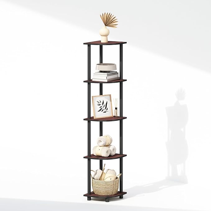 Furinno Turn-N-Tube Storage Shelves, 5-Tier Book Shelf, Corner Shelf, Toolless Open Shelves, for Organization and Storage, Living Room, Home Office, Hallway, Bedroom, Dark Cherry