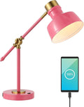 JONATHAN Y 18.5" Pink/Brass Gold Adjustable Cantilever LED Task Lamp with USB Charging Port, Vintage Farmhouse Desk Lamp for Home Office Reading, Metal Shade (JYL7124D)