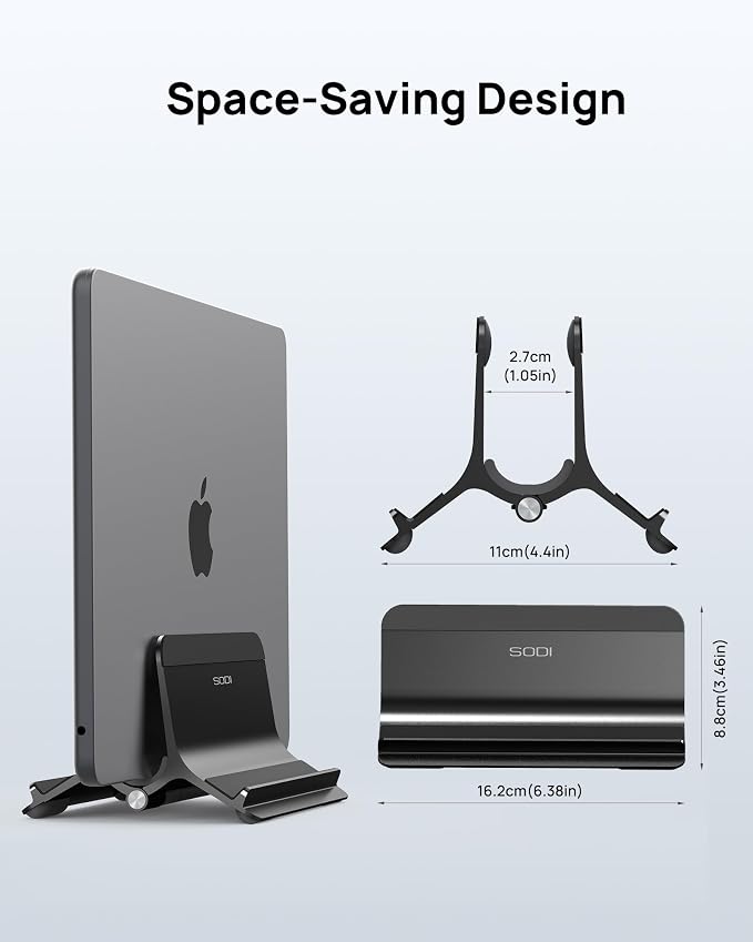 SODI Vertical Laptop Stand Holder for Desk Compatible with MacBook Air, MacBook Pro Stand Vertical Aluminum Up to 17 inch, Gravity Auto-Lock Cooling, 3-in-1 Space Saving Desk Organizer Accessories