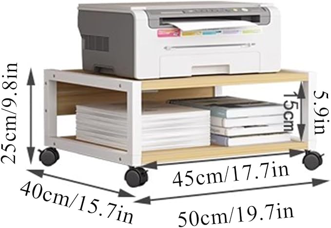 2 Tiers Rolling Under Desk Printer Stand,Office Movable Printer Desk with 4 Wheels & Lock Mechanism,Heavy Duty Storage Rack for Office and Home(Internal Height 15cm(5.9in), Natural)