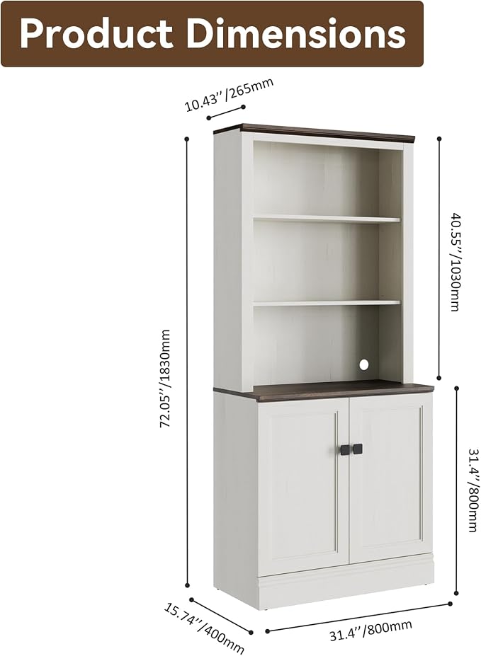 FENSULN 72 in Tall Bookshelf 5 Tier Bookcase with Adjustable Shelves, Antique White Book Shelf with Storage Cabinet, Wood Freestanding Display Bookshelves for Home Office，Bedroom, Living Room