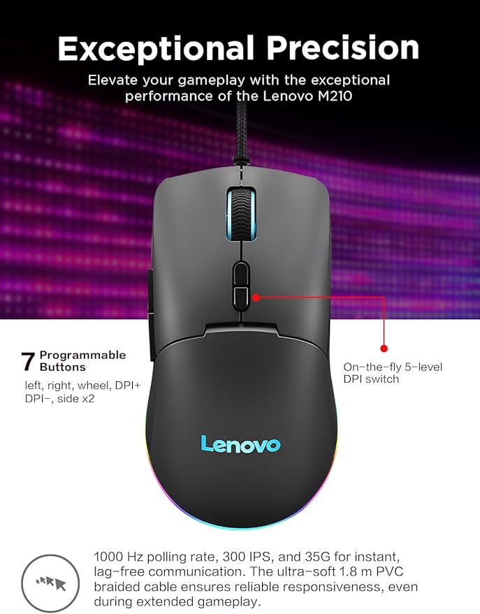 Lenovo M210 RGB Wired Gaming Mouse for PC, Laptop, Computer with Windows & Chrome OS - 3 Zone RGB, 8000 DPI Adjustable Sensor, 7 Programmable Buttons – Palm Grip Mouse for Gamers (Black)