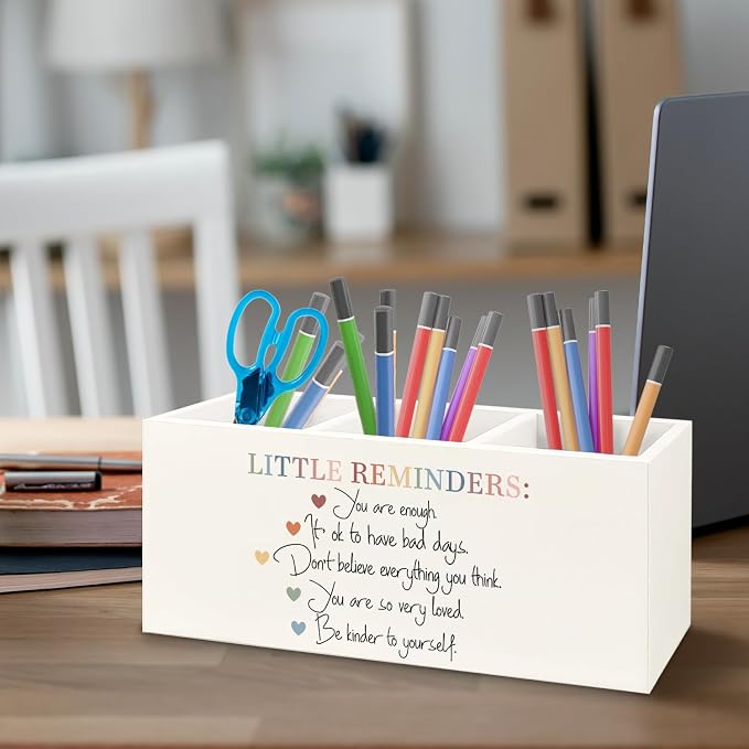 Little Reminders Mental Health Wooden Pen Pencil Holder for Office Desk Accessories, Therapist Gifts, Mental Health Positive Affirmations Makeup Brush Toothbrush Holder Organizer