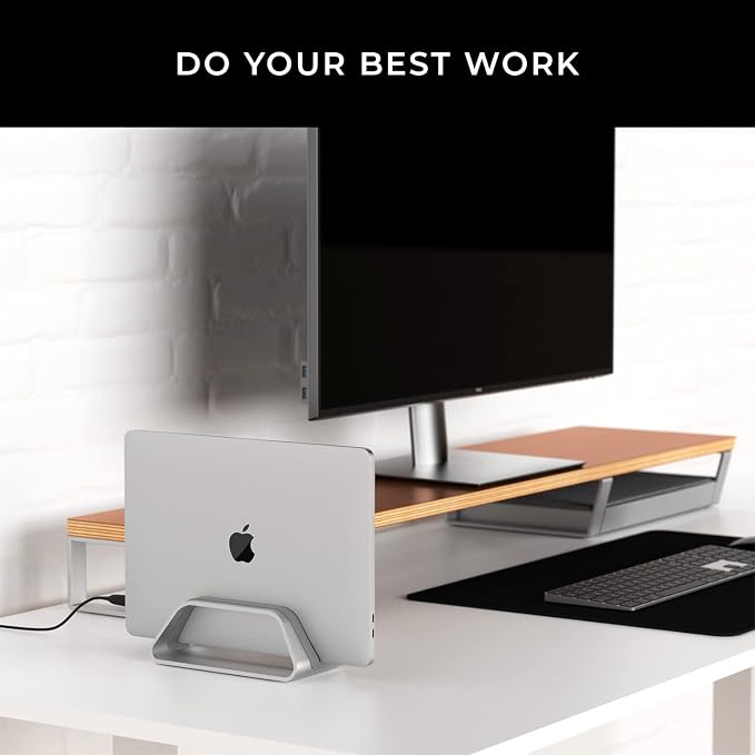 HumanCentric Vertical Laptop Stand Compatible with MacBook Pro and MacBook Air, Holder for Personal Computer Desk Stand, Aluminium, Exchangeable Inserts to Fit Different Device Models, Silver