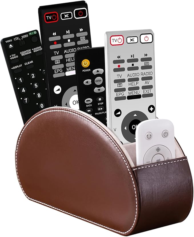 Remote Control Holders Organizer Box with 5 Compartment PU Leather Multi-functional Office Desk Storage Caddy Store Tv Remote for Media Player,Brush,Pencil,Glassees&Office Supplies (Dark Brown)