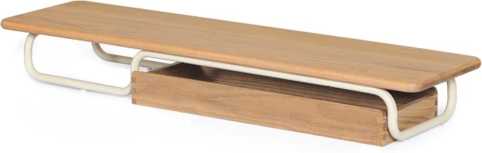 Fenge Dual Monitor Riser, 37 Inch Monitor Stand for Desk, Solid Wood Desk Shelf with Large Drawer Organizer, No Assembly Computer Stand for PC, Laptop, Printer, TV