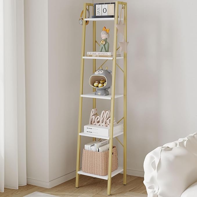 Hzuaneri Ladder Shelf, Bookshelf Bookcase, Freestanding Corner Storage Shelve with 2 Hooks for Home Office, Living Room, Kitchen, Bedroom, Industrial, 11.8" D x 13.4" W x 63" H, White Gold BC03213G