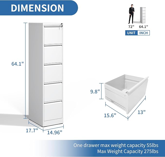 5 Drawer File Cabinet with Lock, Metal Vertical Filing Cabinets for Home Office, Steel Storage Cabinet for Hanging Legal/Letter Size Files, Assembly Required (White)