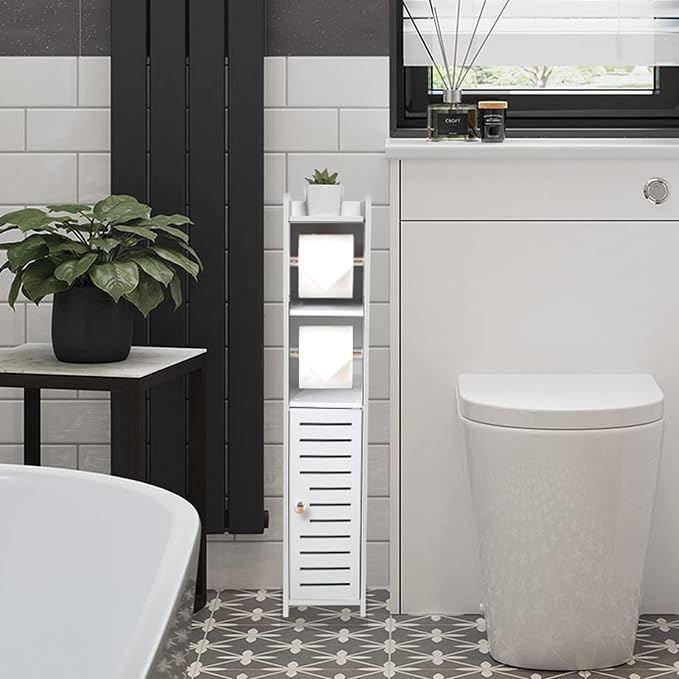 TUOXINEM Small Bathroom Storage with Dual Rods, Over The Toilet, Slim Toilet Paper Storage with 4 Tier Design, Fit Mega Roll (White)