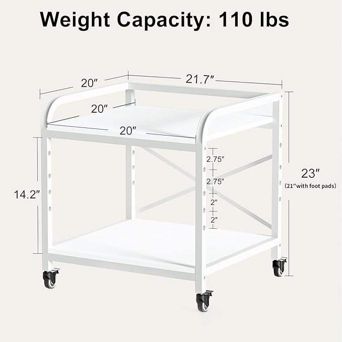 20 Inches Large White Printer Stand, 2-Tier Under Desk Printer Table with Height Adjustable Shelf, Rolling Printer Cart with Industrial Wheels for Home Office (White)