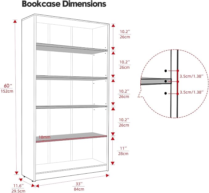 Farini 60 Inch Tall Bookcase,5 Shelf Bookshelves,Adjustable Bookshelf for Home Office,Mahogany