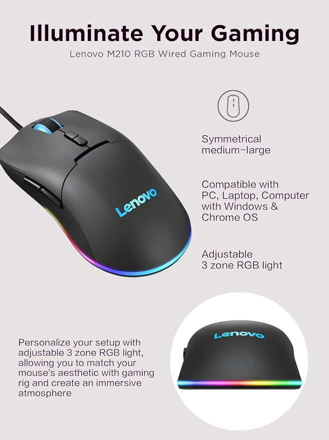 Lenovo M210 RGB Wired Gaming Mouse for PC, Laptop, Computer with Windows & Chrome OS - 3 Zone RGB, 8000 DPI Adjustable Sensor, 7 Programmable Buttons – Palm Grip Mouse for Gamers (Black)