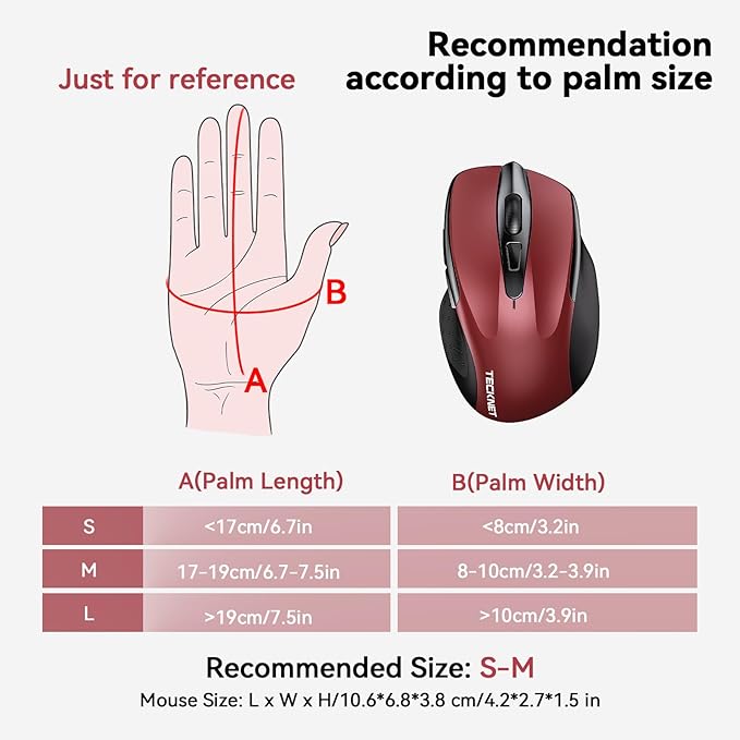 TECKNET Wireless Mouse (2.4G & BT5.0/3.0) Silent 4800 DPI Computer USB A & Bluetooth Mouse 6 Buttons, Wide Compatibility - Red