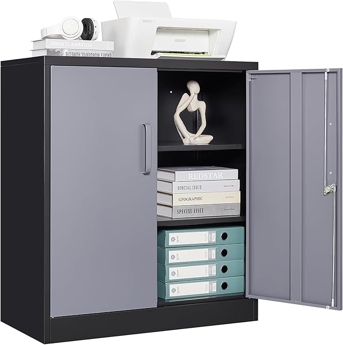 STANI Metal Storage Cabinet with 2 Adjustable Shelves Steel Counter Cabinet with Lockable Doors for Home Office