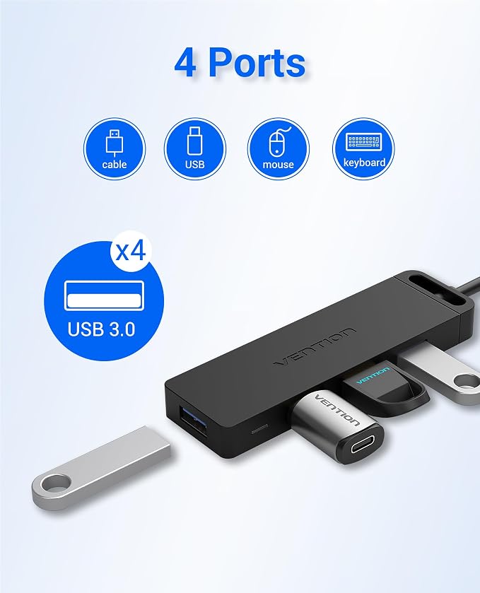 USB Hub VENTION 4-Port USB 3.0 Hub 1.5FT Ultra-Slim Data USB Splitter Charging Supported Compatible with MacBook, Laptop, Surface Pro, PS4, PC, Flash Drive, Mobile HDD