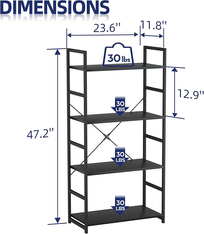 NUMENN 4 Tier Bookshelf, Tall Bookcase Shelf Storage Organizer, Modern Book Shelf for Bedroom, Living Room and Home Office, Black