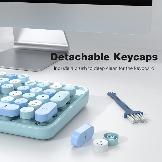 MOFII Wireless Keyboard and Mouse Combo, Retro Keyboard with Round Keycaps, 2.4GHz Dropout-Free Connection, Cute Wireless Mouse for PC/Laptop/Mac/Windows XP/7/8/10 (Blue-Colorful)