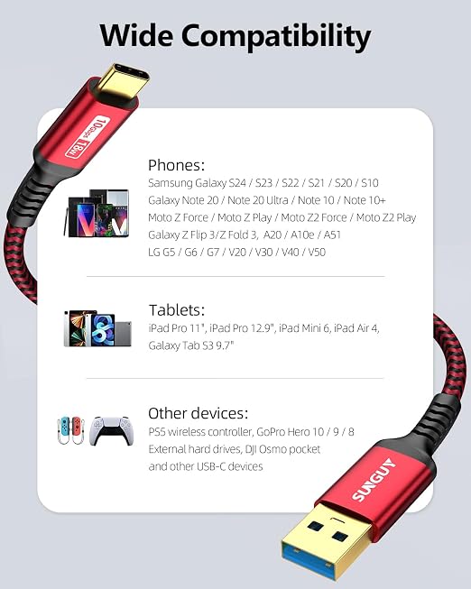 SUNGUY 10Gbps USB C 3.1 Gen 2 Cable,[2-Pack, 5FT] USB A to USB C 3A Fast Charging Android Auto Cable, USB C CarPlay, for iPhone 17/16/15 Pro Max, Galaxy S22 S21 Note 20, Pixel 6 5 (Red)