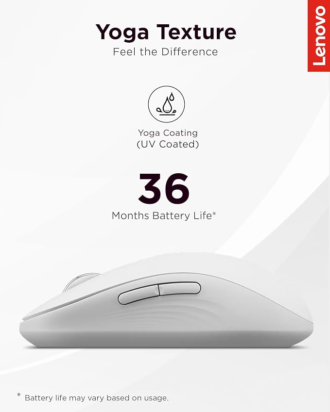 Lenovo Yoga Bluetooth Silent Mouse, 3 Level DPI Adjustment, 36 Month Battery Life, Bluetooth 5.3, 3 Device Paring, Whisper Quiet, Programmable Buttons, Smooth Finish, Seashell