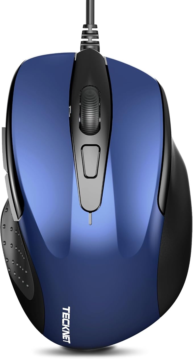 TECKNET USB Wired Mouse, 6-Button Corded Computer Mouse with 4 Adjustable DPI, Optical Computer Mice with Ergonomic Design and 5FT Cord for Laptop, Chromebook, PC, Desktop, Mac, Notebook-Blue