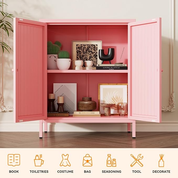 2 Door Metal Storage Cabinet-Small Bathroom Storage Cabinet with 1 Adjustable Shelf,Freestanding Sideboard for Home Office, Living Room, Hallway, Entryway (Striped Door, Pink)