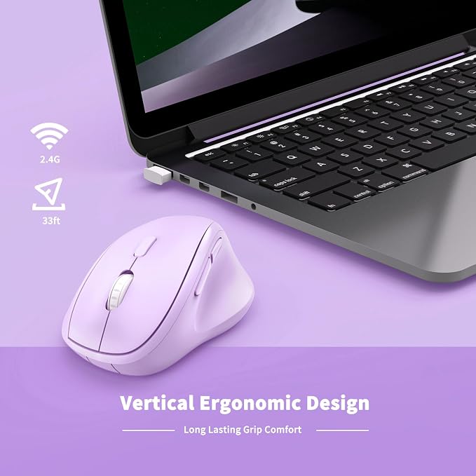 Ergonomic Wireless Mouse with USB Receiver for PC Computer, Laptop and Desktop, Ergo Mouse Vertical with Silent Clicks Long Battery Life, Up to 1600 DPI & 1 AA Battery Powered, Purple
