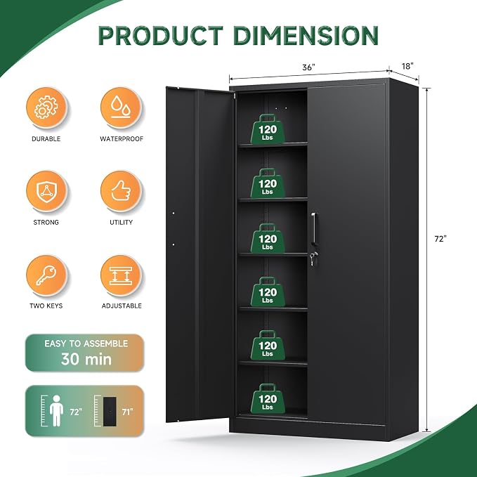 Letaya Metal Garage Storage Cabinets with Lock-72 Tall Tool Organizer Steel Lockers, 5 Adjustable Layers Shelves for Home,Office,Warehouse,Garage,(Black-72“)
