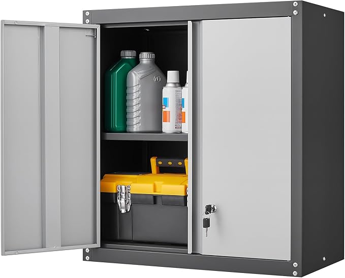 GREATMEET Lockable Storage Cabinet, Metal Garage Storage Cabinets, Metal Wall Cabinet for Garage, Wall Mount Cabinet with Lock and Adjustable Shelf, Floating, Black&Grey