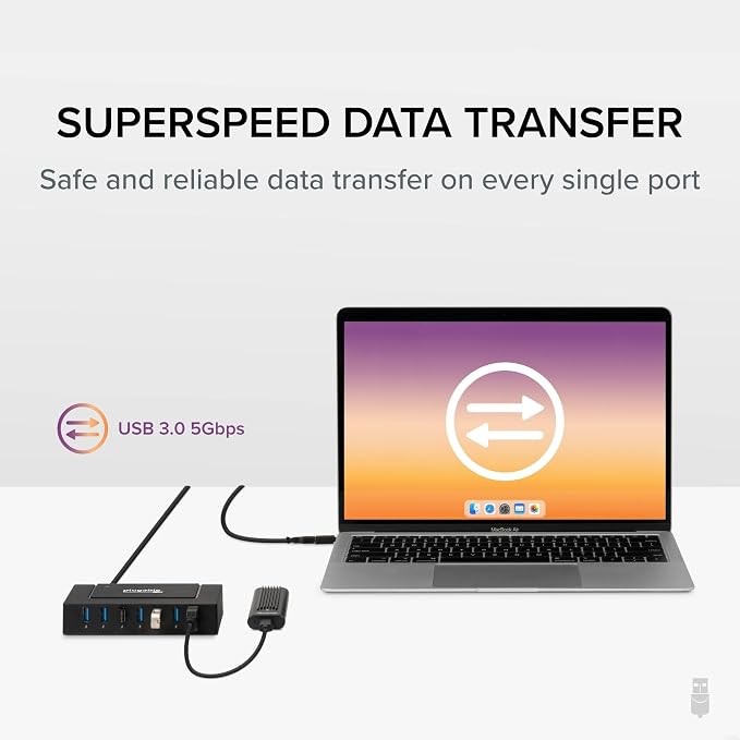 Plugable 7-in-1 USB Powered Hub for Laptops with USB-C or USB 3.0 - Power Station for Multiple Devices and Data Transfer with a 60W Power Adapter, Driverless