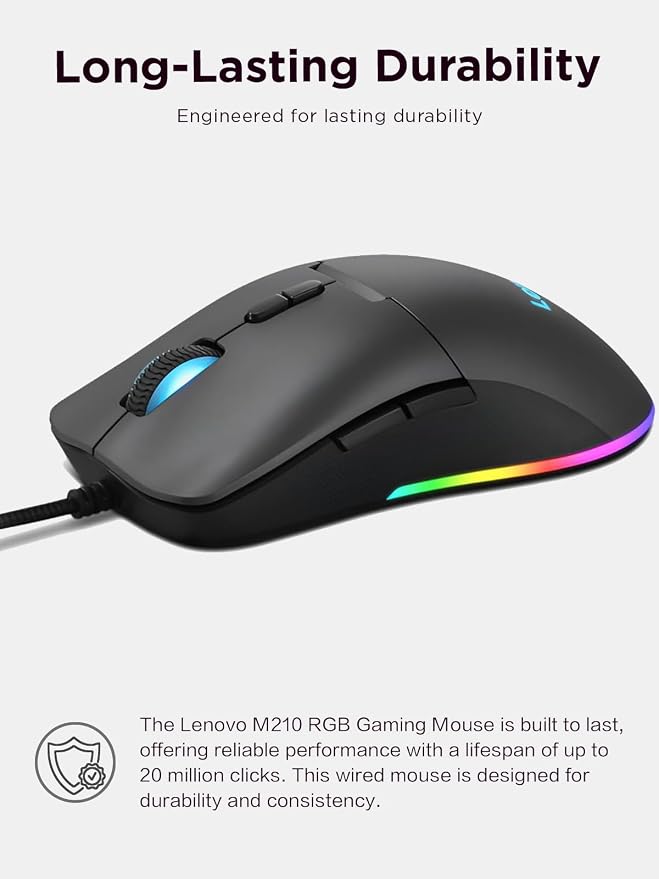 Lenovo M210 RGB Wired Gaming Mouse for PC, Laptop, Computer with Windows & Chrome OS - 3 Zone RGB, 8000 DPI Adjustable Sensor, 7 Programmable Buttons – Palm Grip Mouse for Gamers (Black)